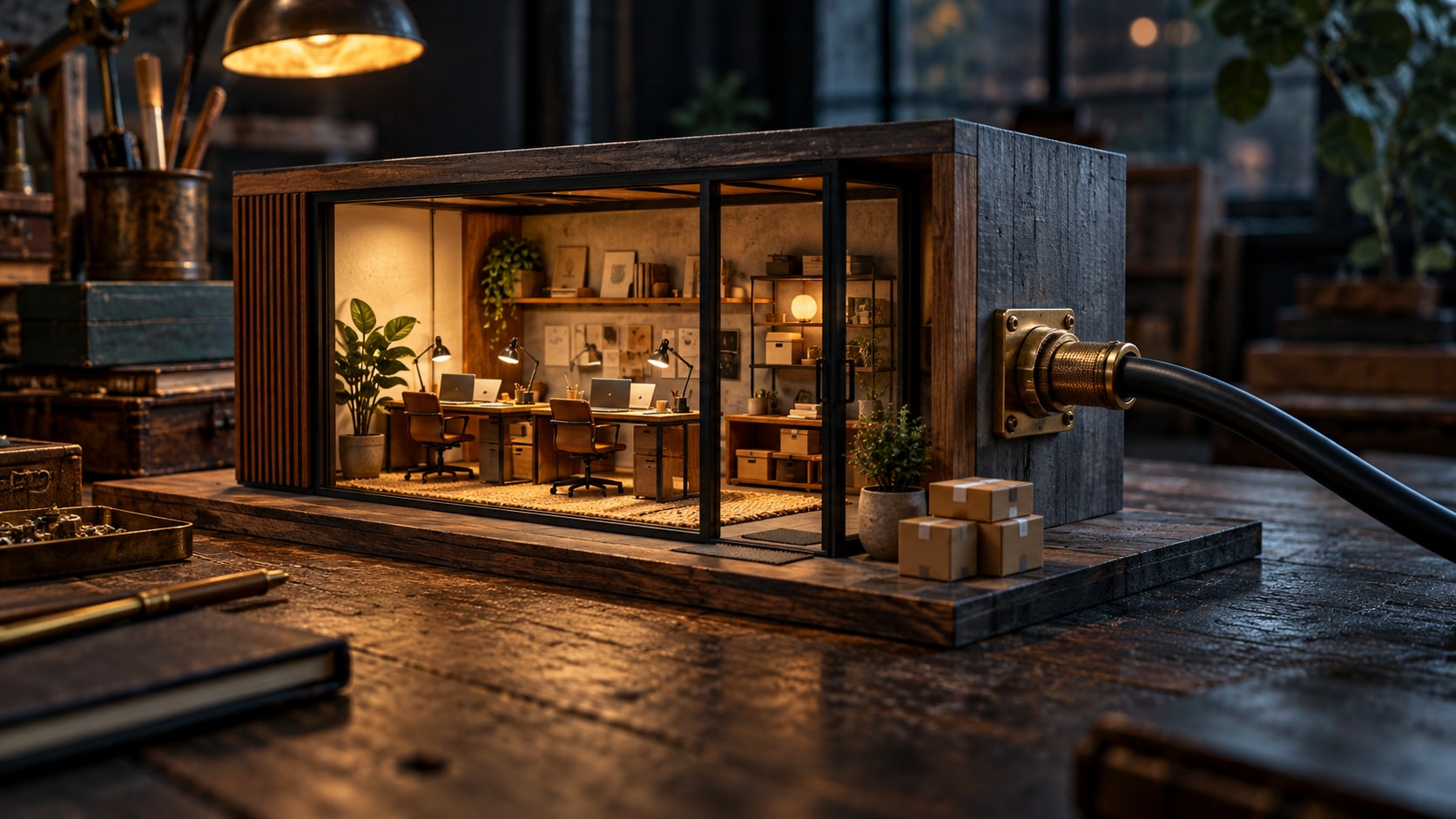 A miniature startup studio connected by one large cable to an unseen supplier.