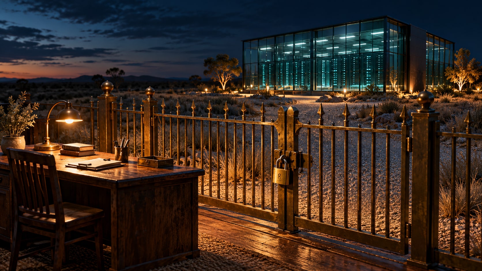 A working data centre stands behind a locked brass gate in a miniature Australian landscape.