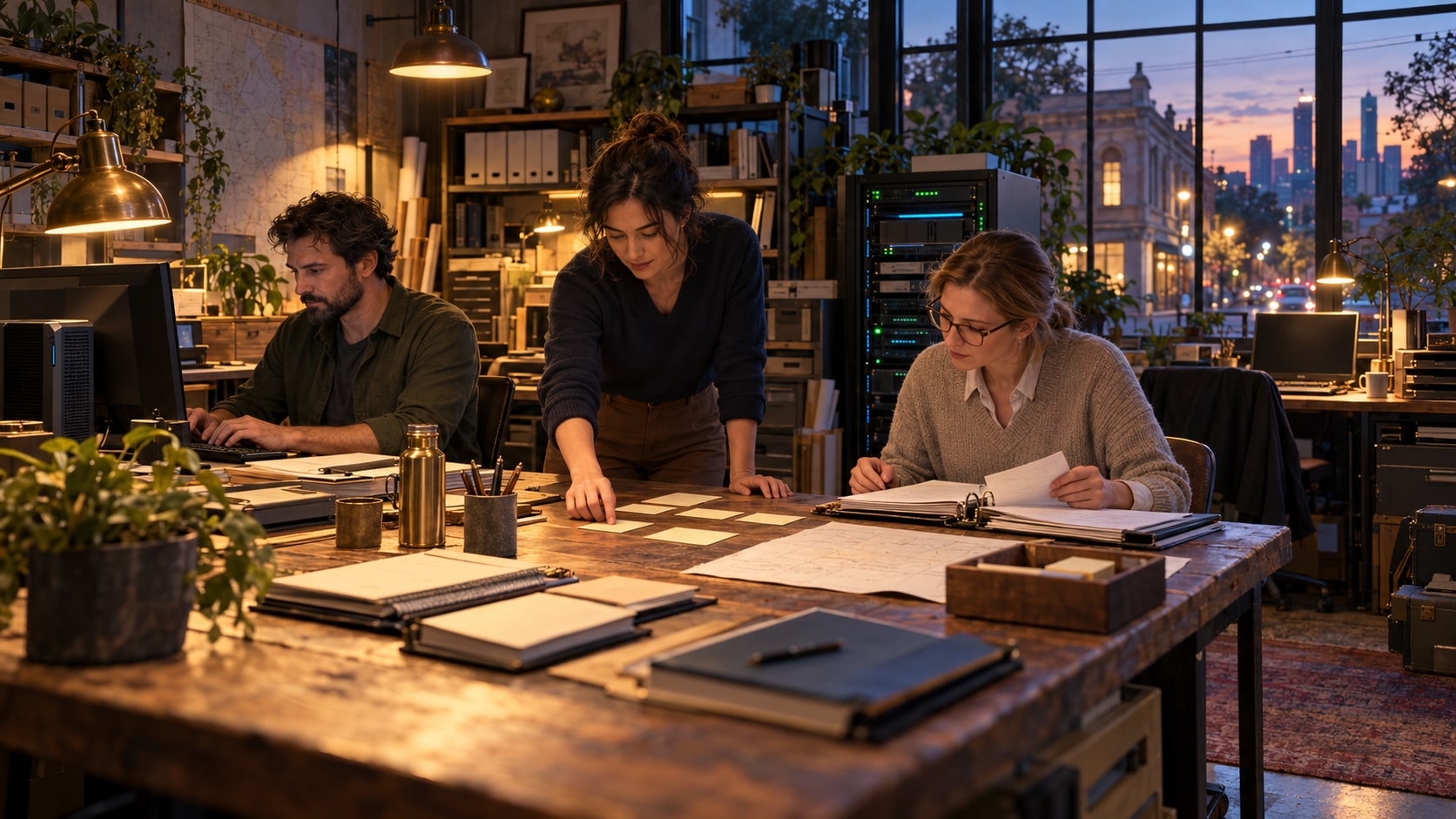 Three colleagues rehearse a service workflow with a local computer, paper records and a small server cabinet.