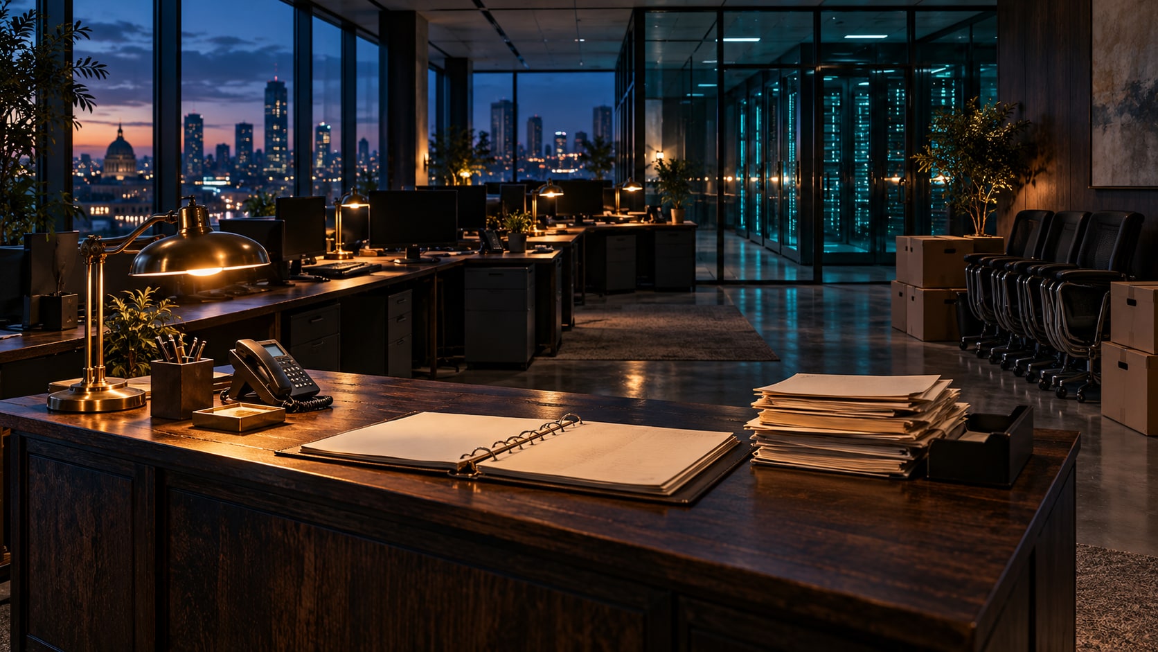 An empty operations desk with an open continuity folder, stored chairs and a glowing server room.