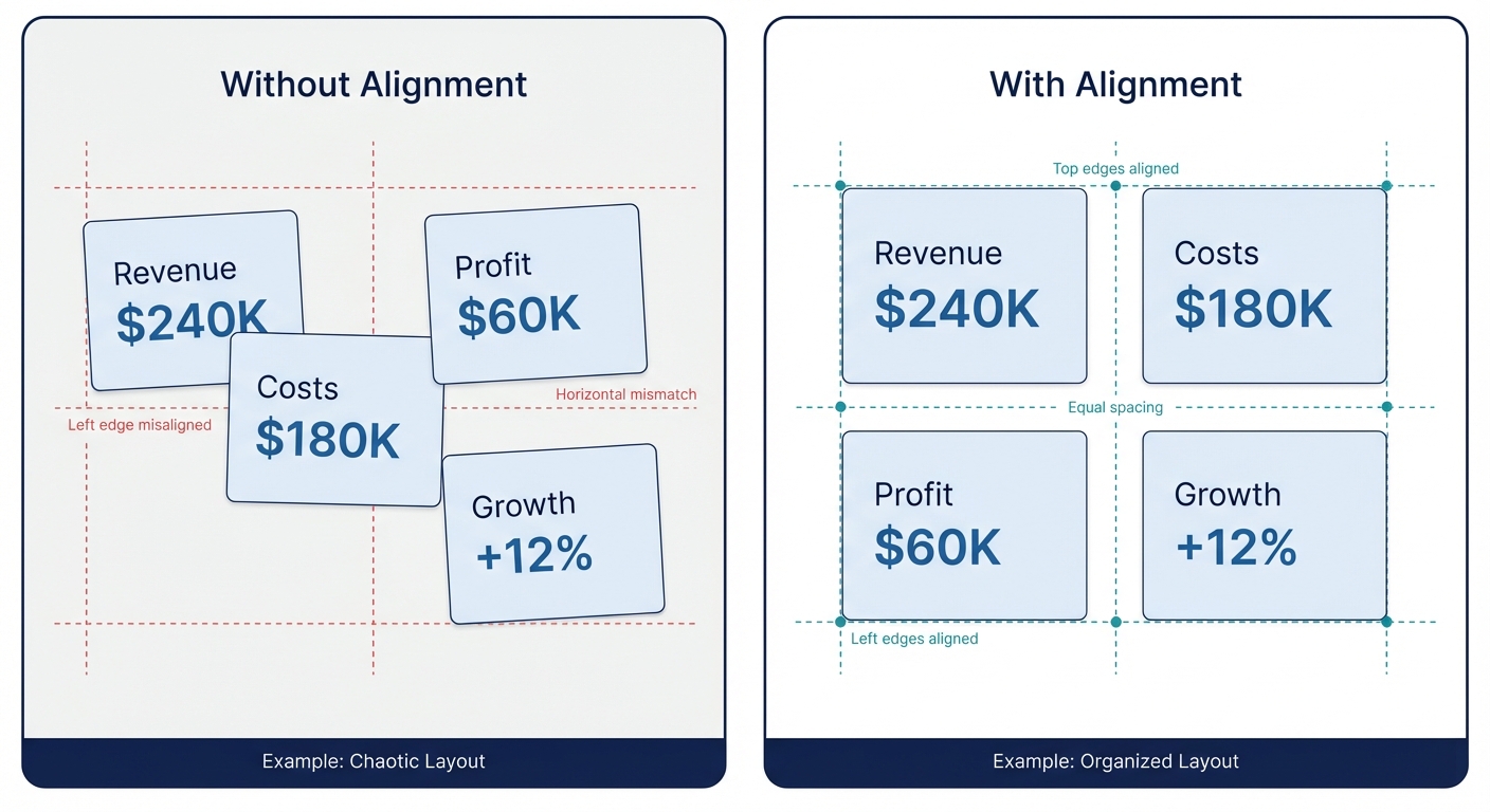 Before and after example of the alignment principle — scattered metric cards versus a clean aligned grid