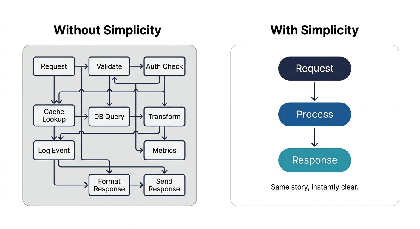 Before and after example of the simplicity principle — cluttered flowchart versus clean three-step flow